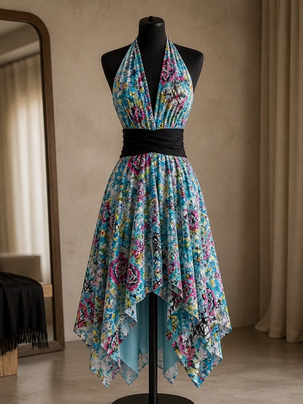 Blue Floral Halter Asymmetrical Dress with Black Waistband
